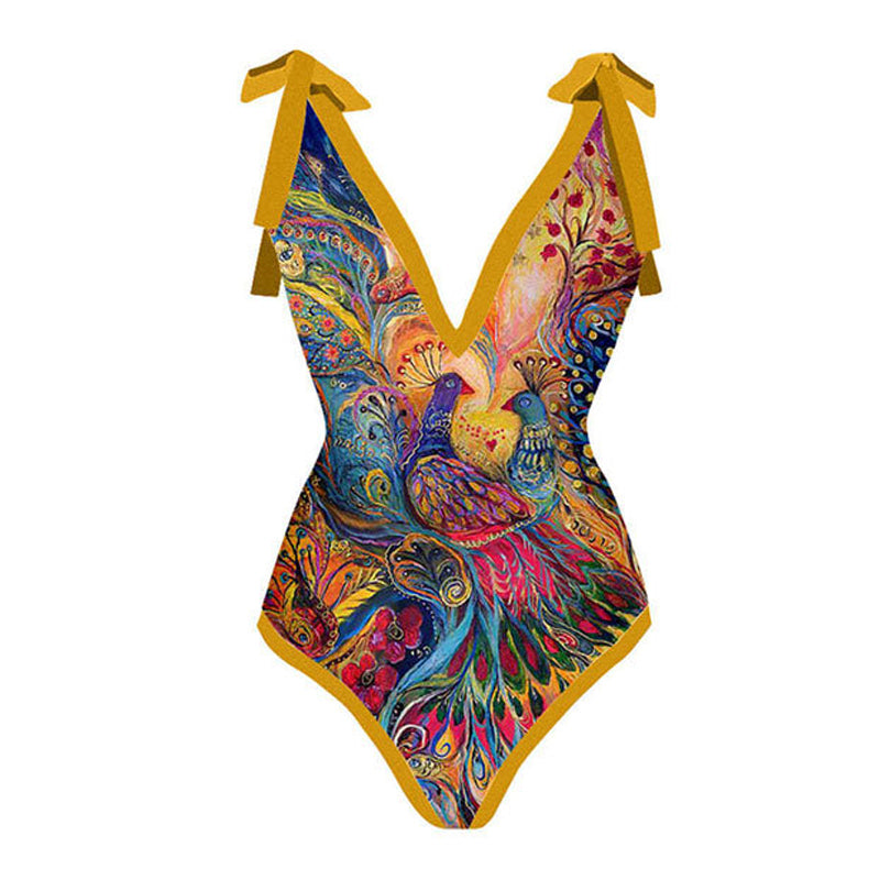Print One Piece Swimsuit and Splicing Sarong