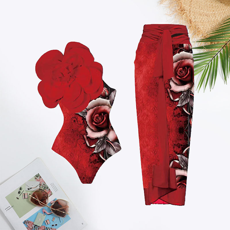 Floral Print Flower Decoration Tie Front Swimsuit