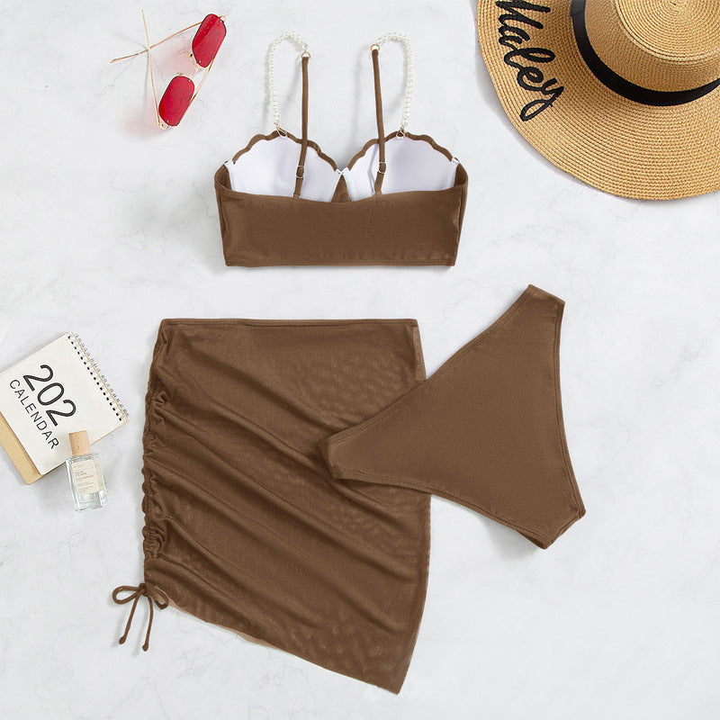 Pearl Decor Push Up Solid Color Sexy Bikini Swimsuit Three-piece Set