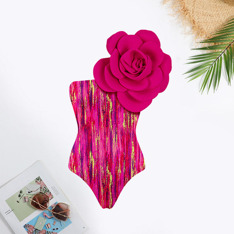 Floral Decoration Tie Dye Print Ruffle Trim Swimsuit