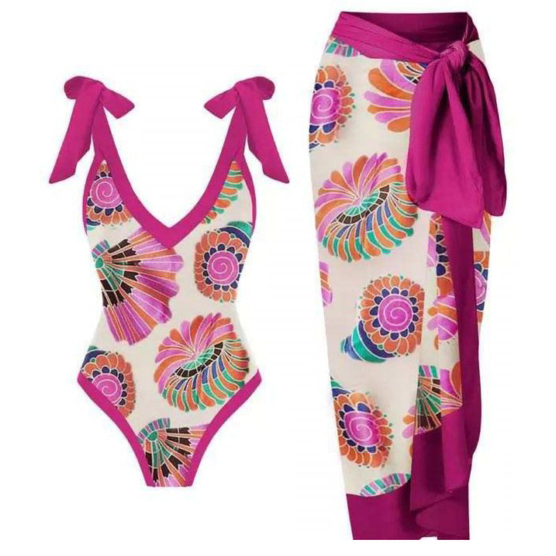 Print One Piece Swimsuit and Splicing Sarong