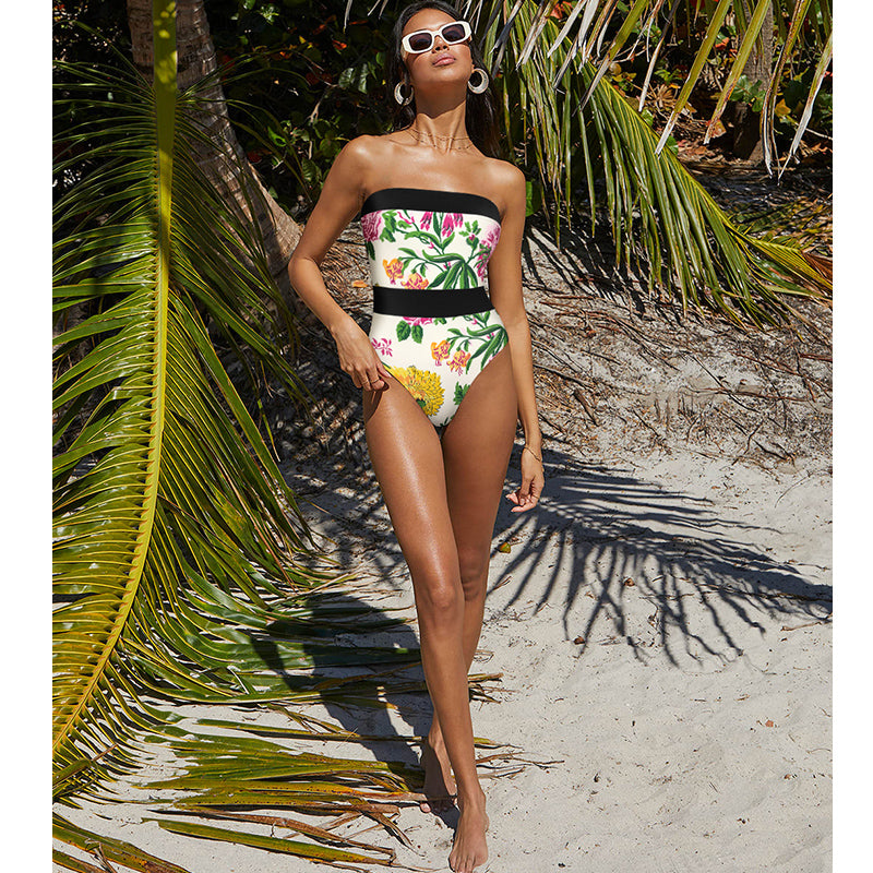 Off Shoulder Back Bow Tie Color Block Printed One Piece Swimsuit and Skirt(Shipped on Sep 25th)