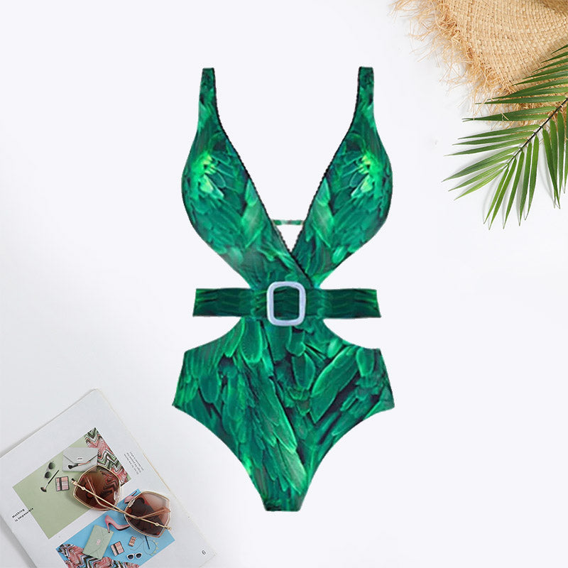 Plants Print Cut Out Belted Ruffle Hem Swimsuit