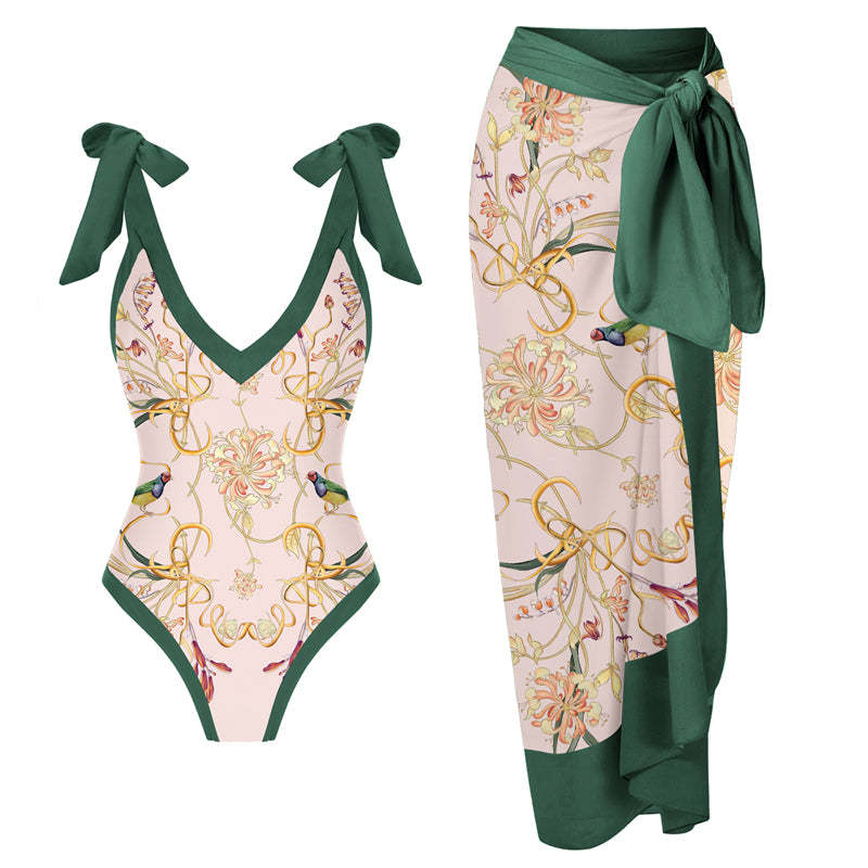 Print One Piece Swimsuit and Splicing Sarong