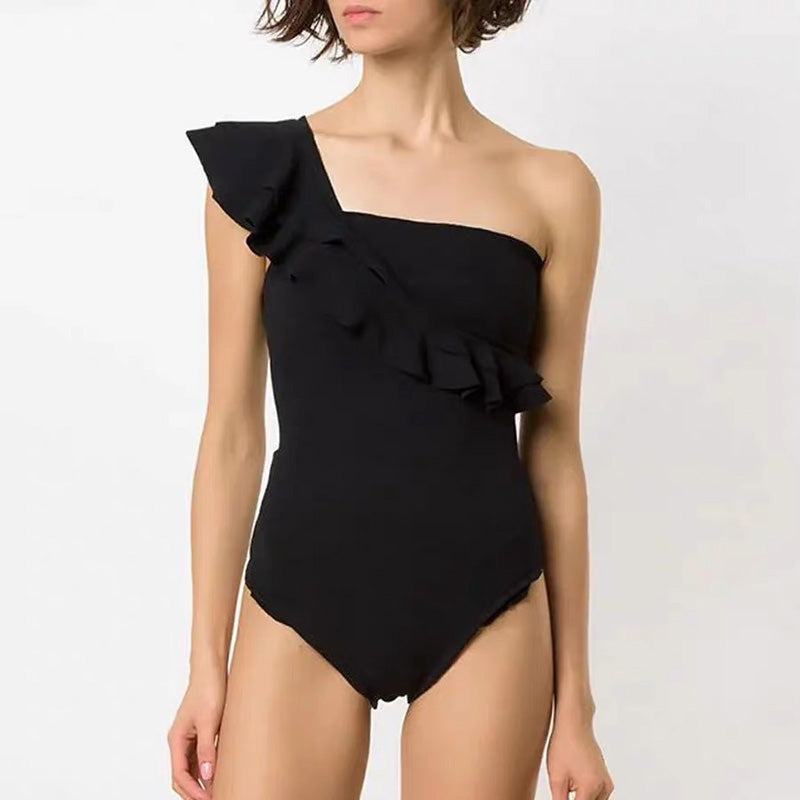 One Shoulder Ruffle Trim Cut Out Back Swimsuit