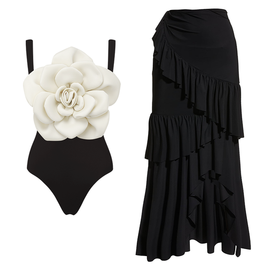 3D Flower Sling Black and White One Piece Swimsuit and Skirt (Shipped on Nov 6th)