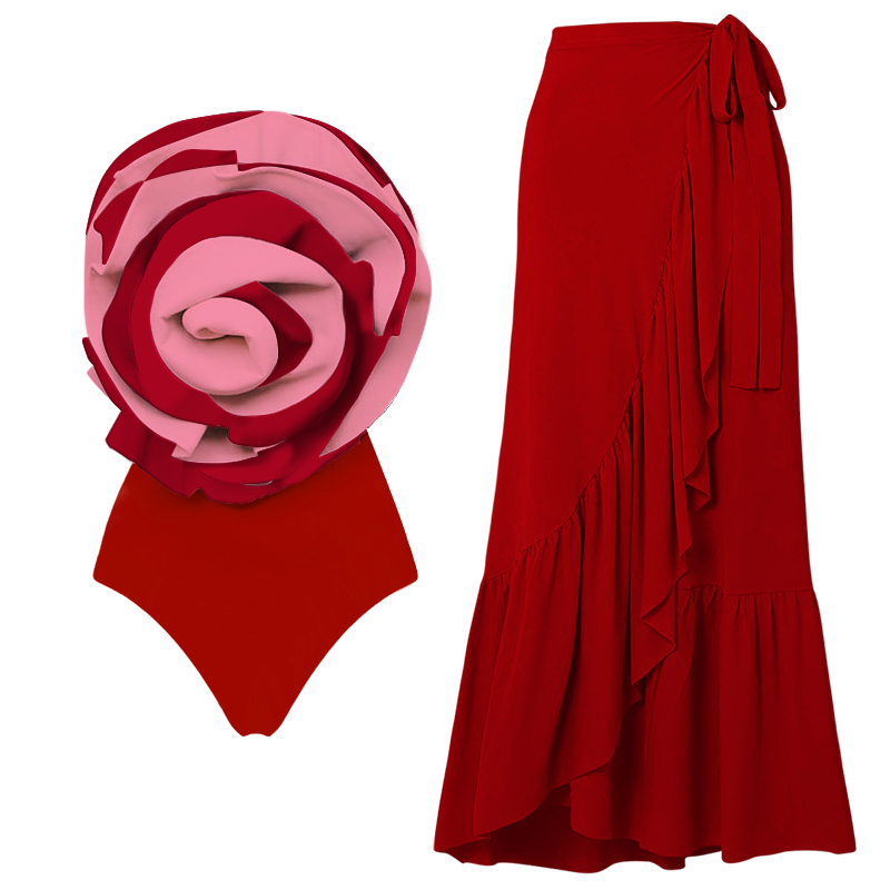 Exaggerated 3D Flower Decor Swimsuit and Skirt