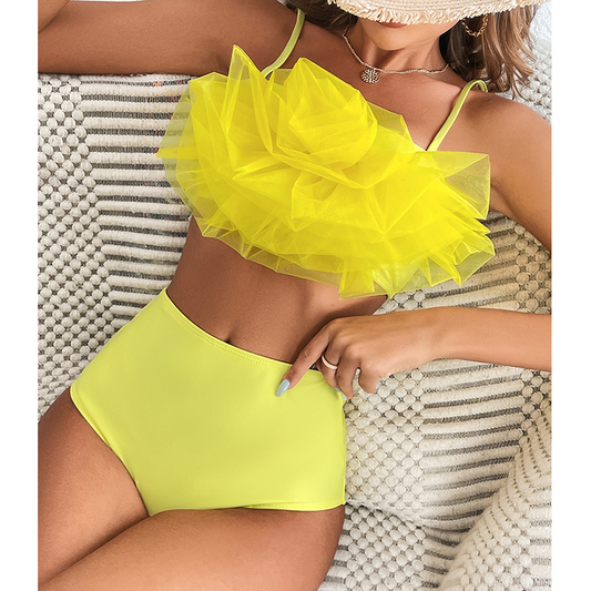 3D Flower Yellow Bikini Swimsuit