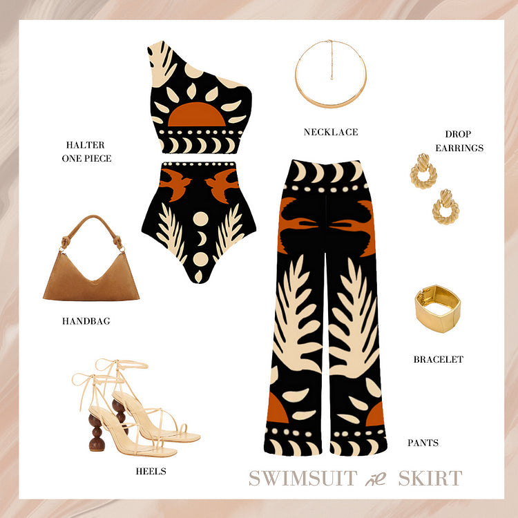 One Shoulder Printed Bikini Swimsuit and Pants