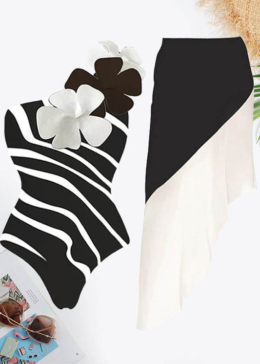 Zebra Stripe Print Flower Decoration One Shoulder Asymmetrical Hem Swimsuit