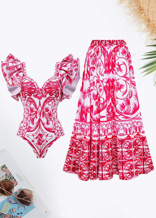 Floral Print Ruffle Trim Swimsuit