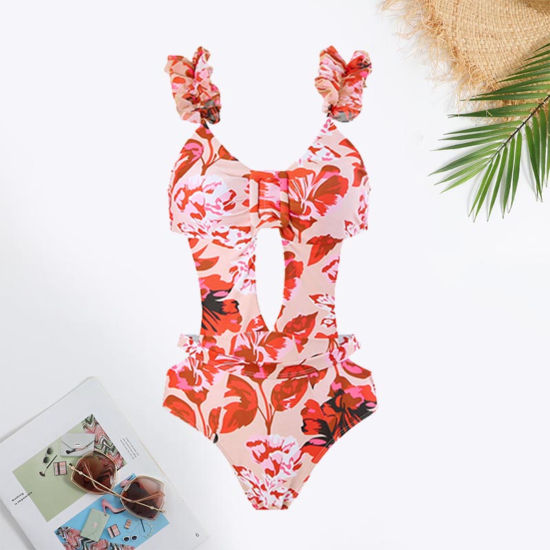 Floral Print Cut Out Ruffle Hem Swimsuit