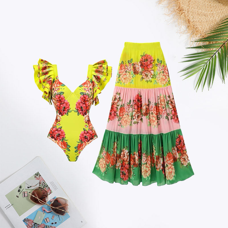 Colorblock Floral Print Ruffle Trim Swimsuit
