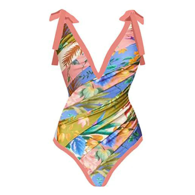 Print One Piece Swimsuit and Splicing Sarong