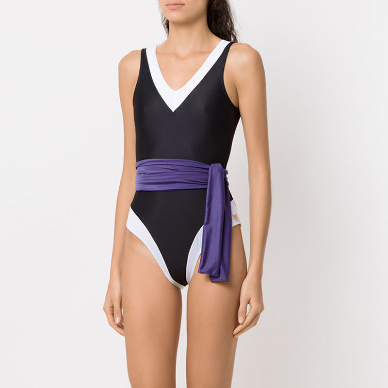 Contrast Binding Belted Tie Swimsuit