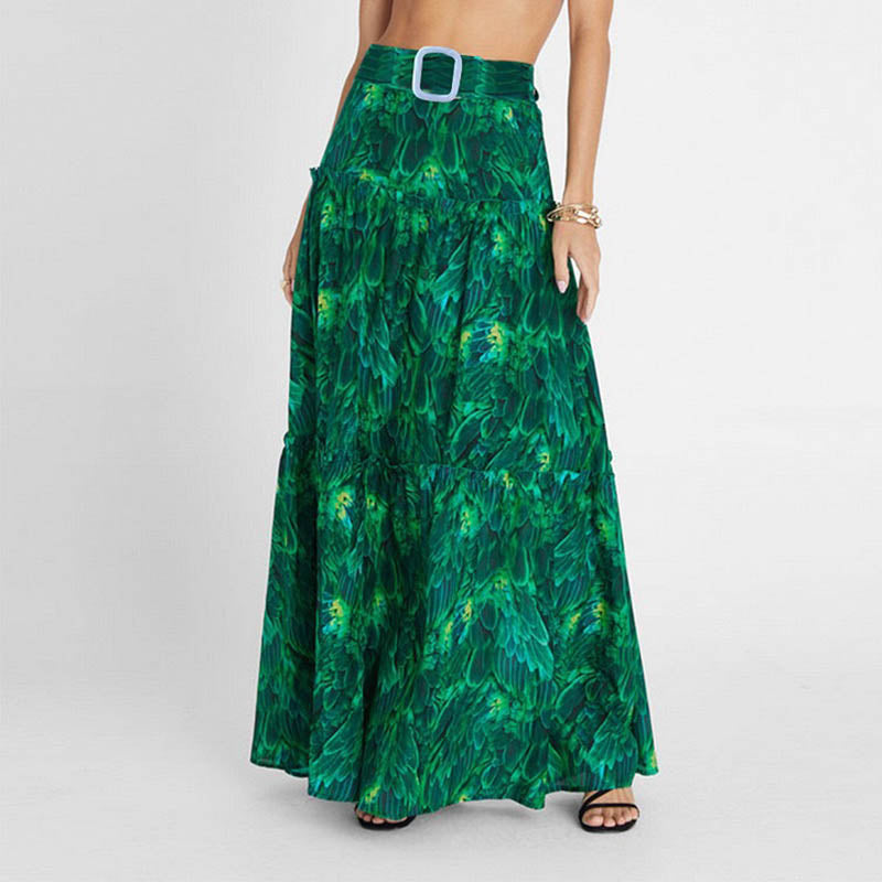 Plants Print Cut Out Belted Ruffle Hem Swimsuit