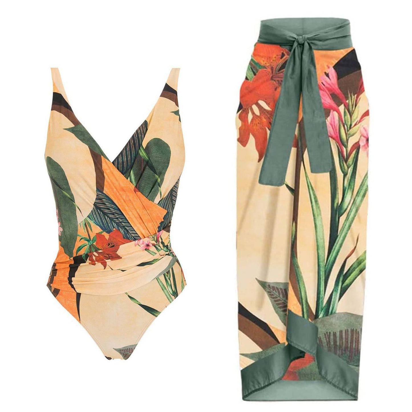 Print One Piece Swimsuit and Splicing Sarong