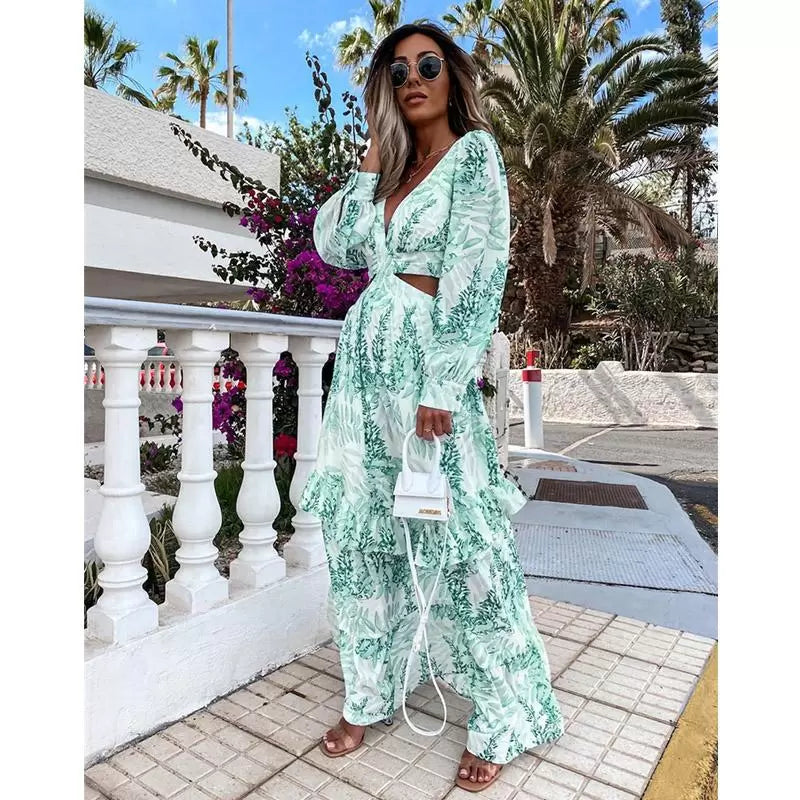 Long Sleeve Cutout Floral Beach Casual Dress