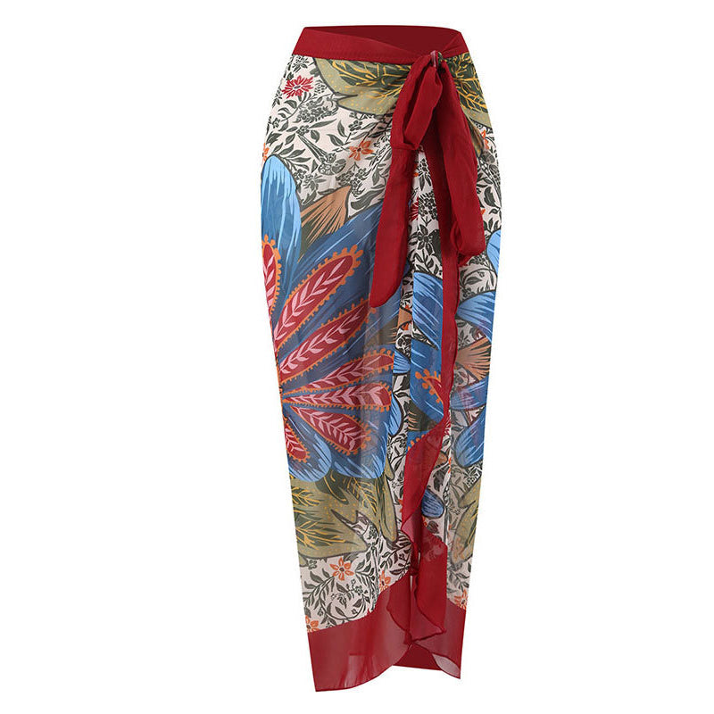 Print One Piece Swimsuit and Splicing Sarong