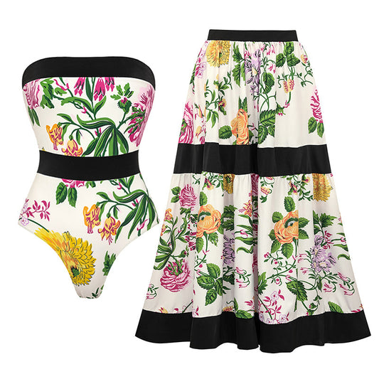 Off Shoulder Back Bow Tie Color Block Printed One Piece Swimsuit and Skirt(Shipped on Sep 25th)
