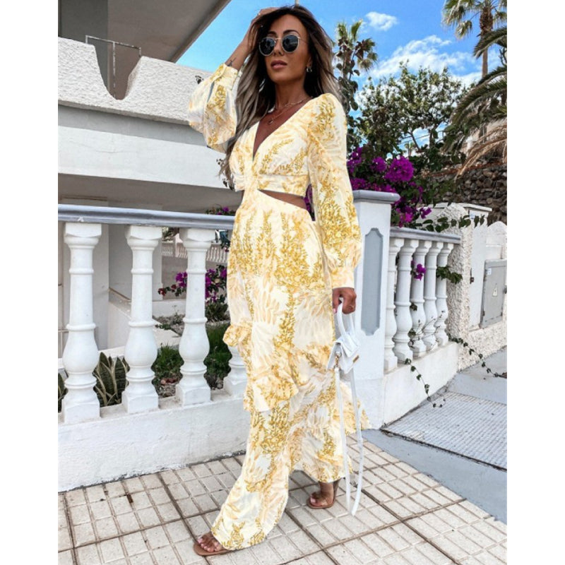Long Sleeve Cutout Floral Beach Casual Dress