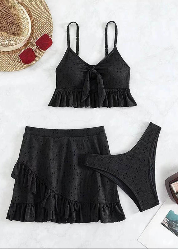Seaside Sweetie Eyelet Embroidery Wrap Knot Front Ruffle Hem Swimsuit