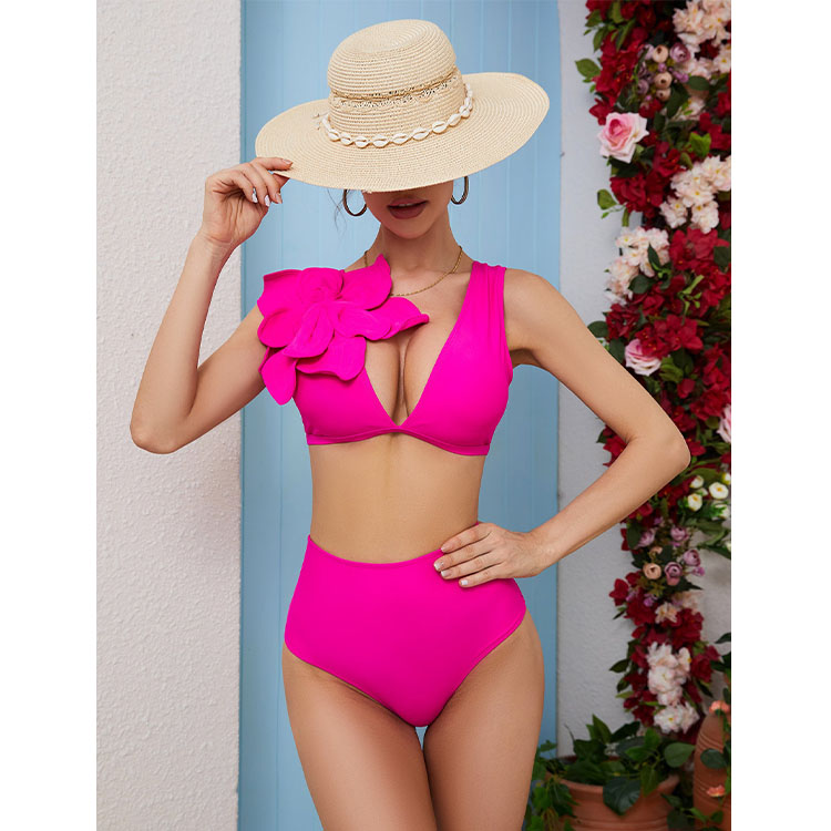 3D Flower Hot Pink High Waist Bikini Swimsuit and Skirt