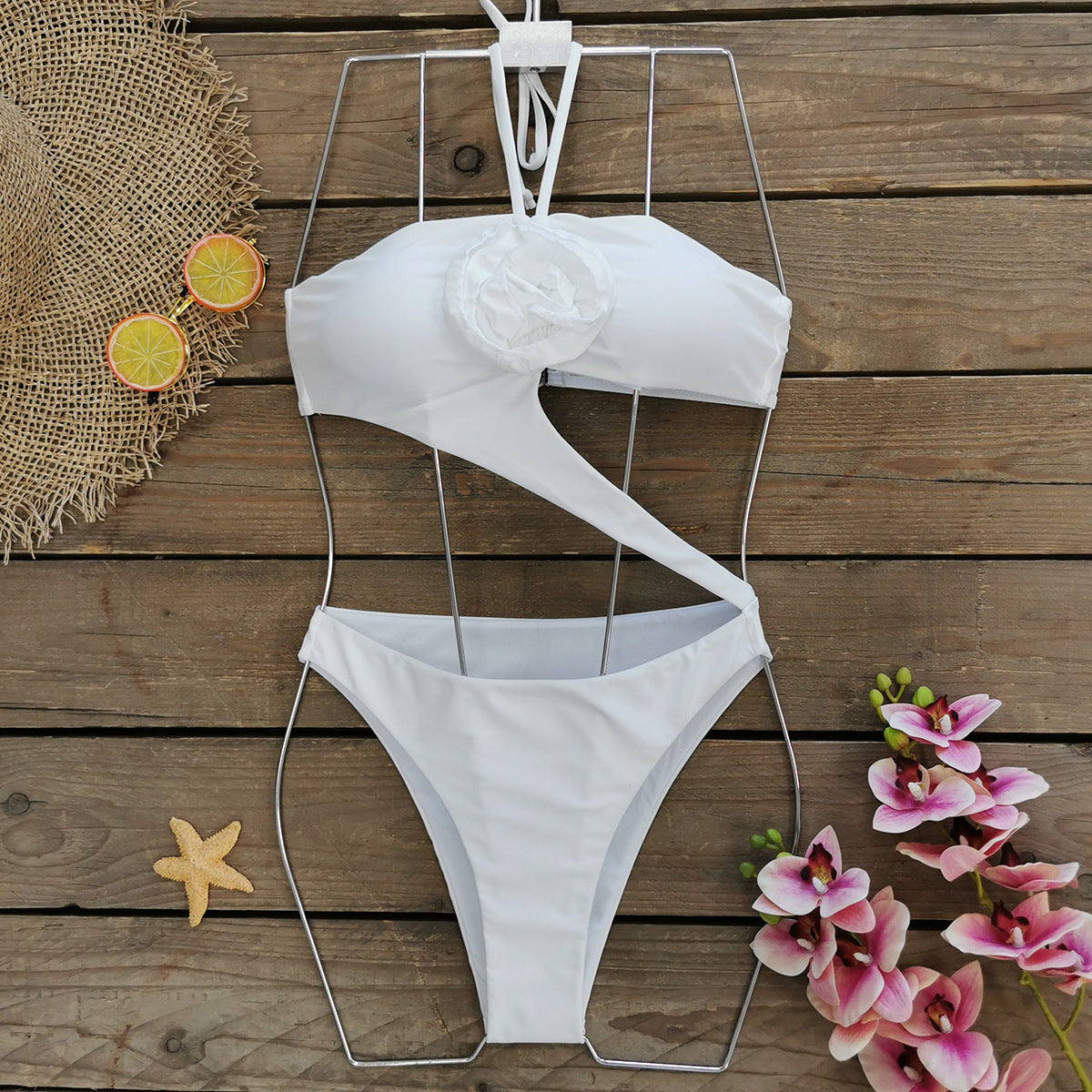 3D Flower Halter Cutout One Piece Swimsuit