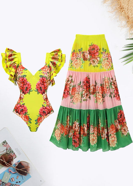 Colorblock Floral Print Ruffle Trim Swimsuit