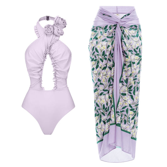 Vioye Purple Halter 3D Flower Decor Backless One Piece Swimsuit and Sarong
