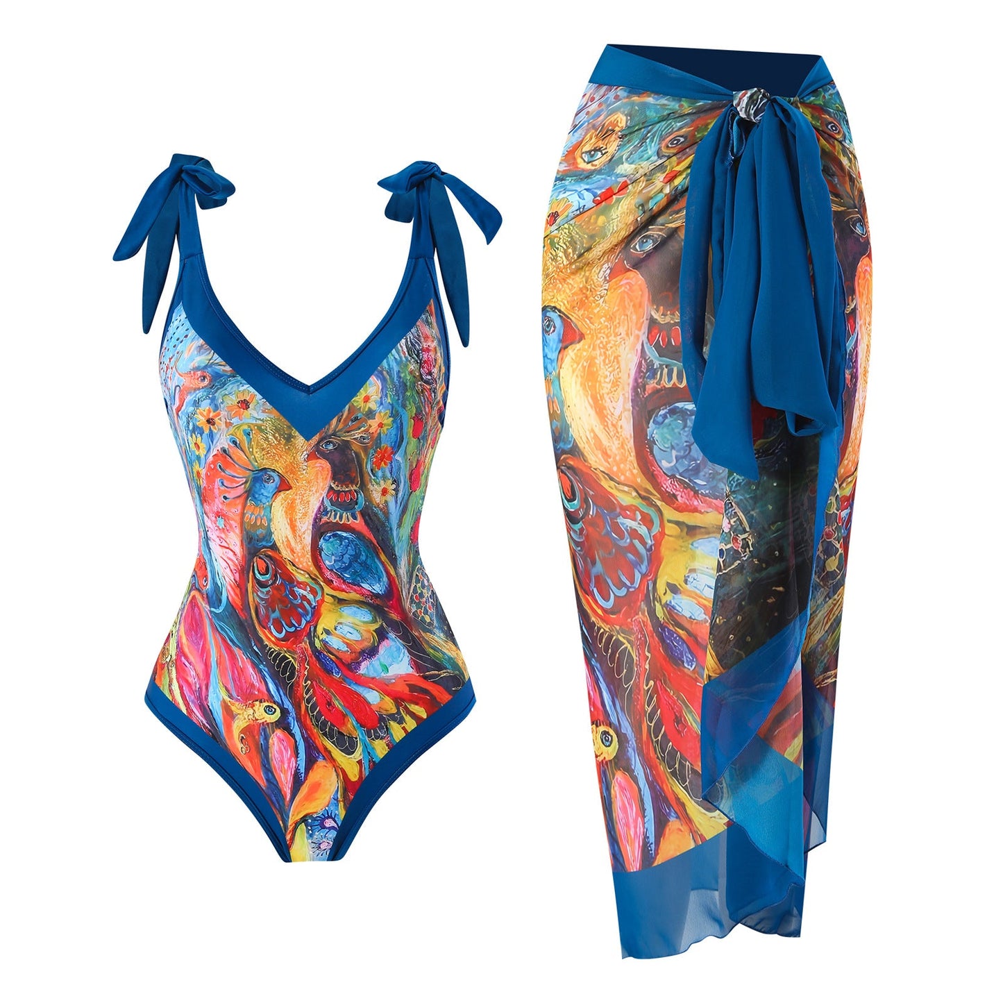 Print One Piece Swimsuit and Splicing Sarong