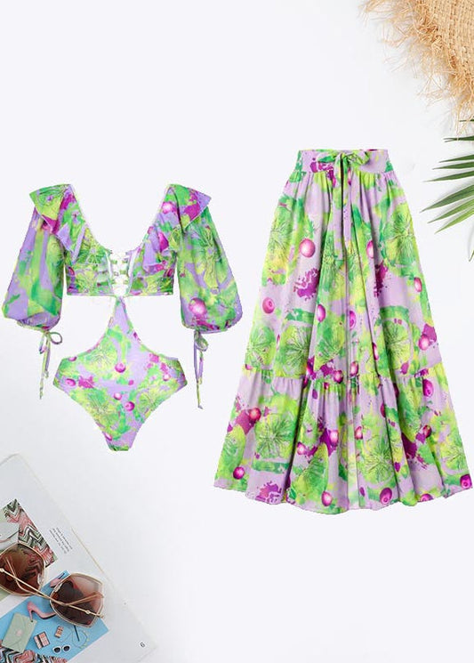 Fruit&Vegetable Print Cut Out Tie Ruffle Hem Swimsuit