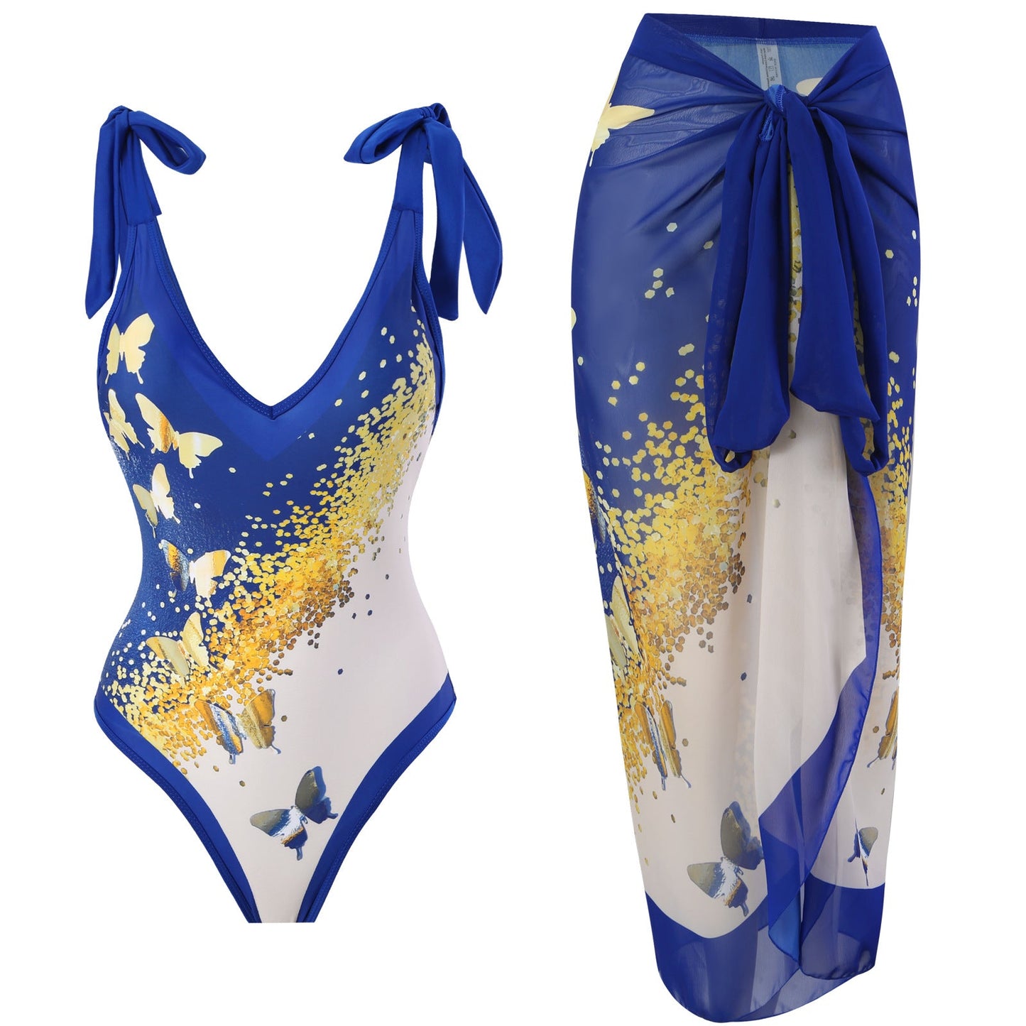 Print One Piece Swimsuit and Splicing Sarong