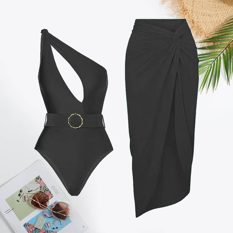 One Shoulder Cut Out Backless Belted Twist Front Swimsuit