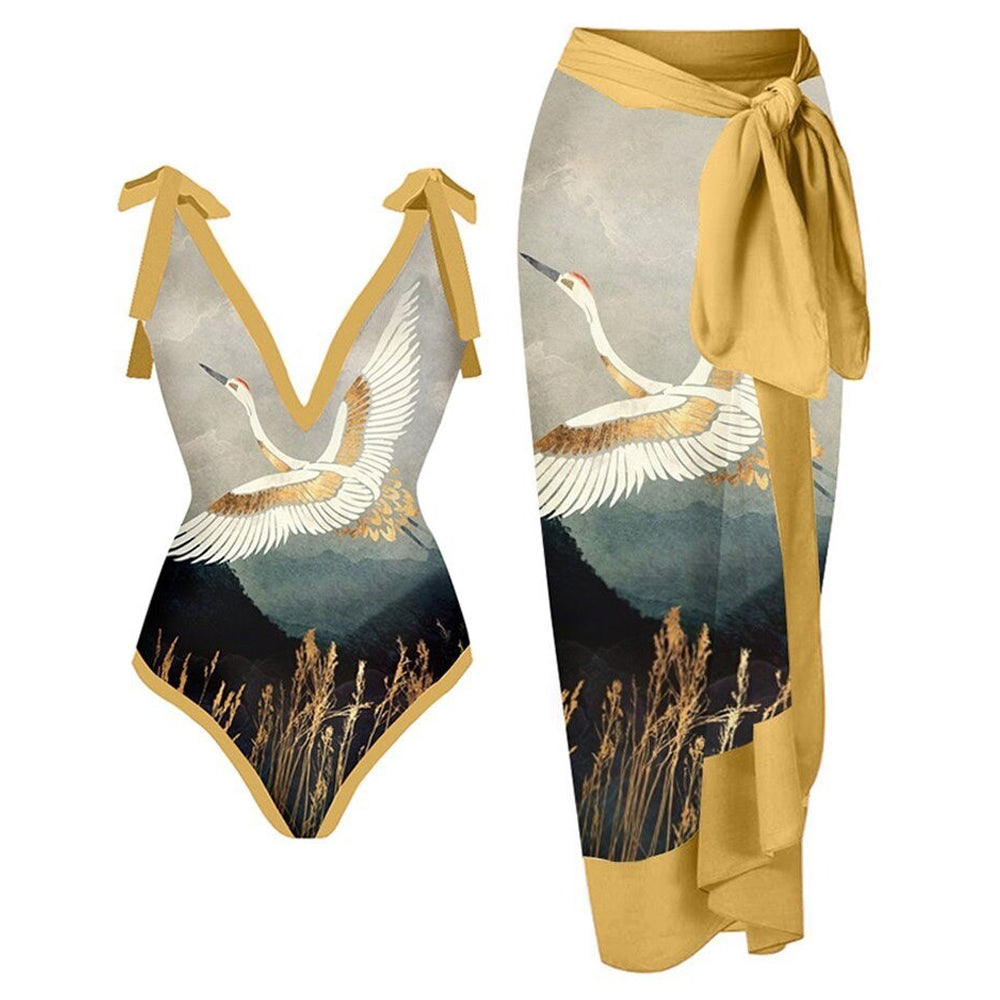 Print One Piece Swimsuit and Splicing Sarong