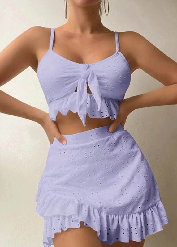 Seaside Sweetie Eyelet Embroidery Wrap Knot Front Ruffle Hem Swimsuit