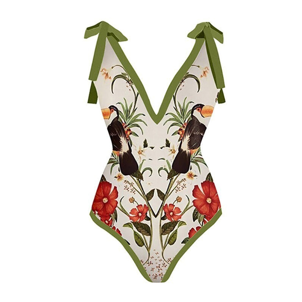 Print One Piece Swimsuit and Splicing Sarong