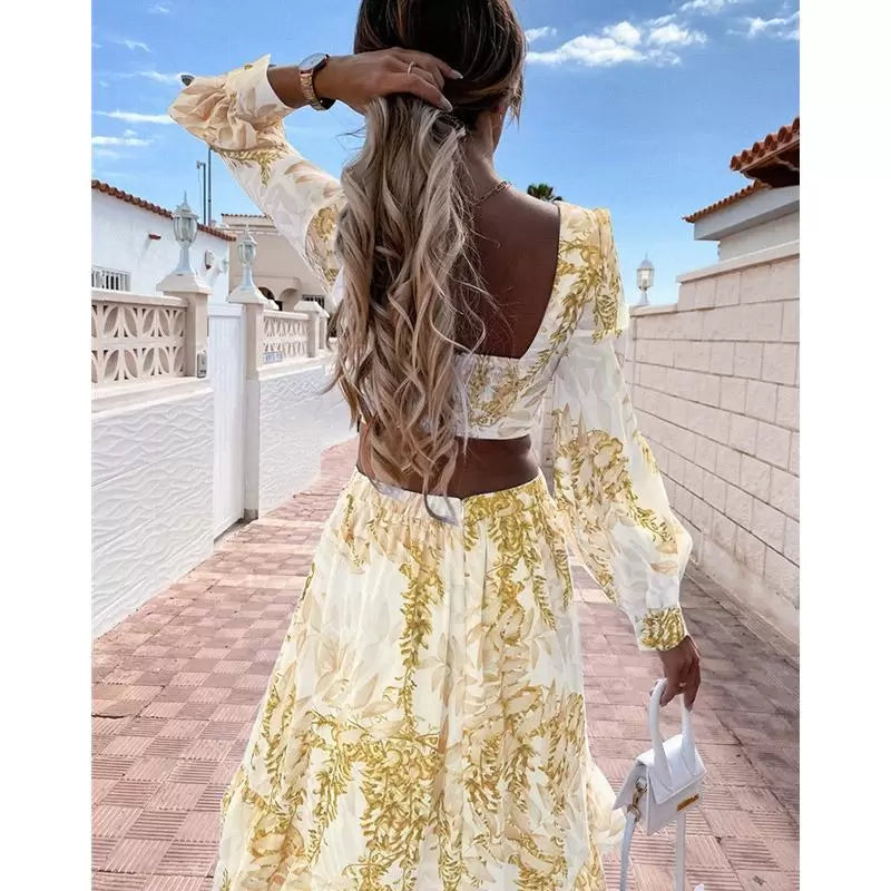 Long Sleeve Cutout Floral Beach Casual Dress