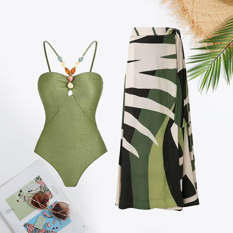 Colorblock Halter Neck Bead Detail Cut Out Swimsuit