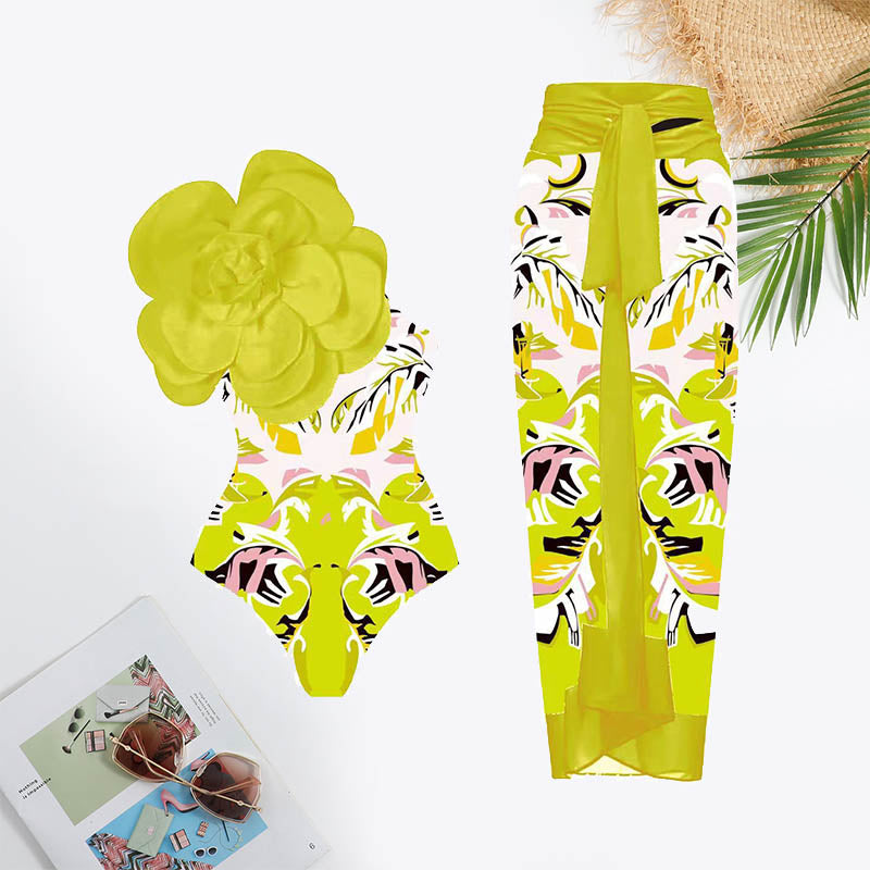 Plants Print Flower Decoration Tie Front Swimsuit