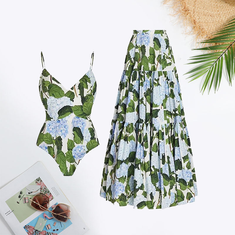 Plants Print Ruffle Hem Swimsuit