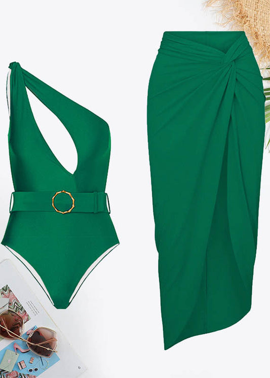 One Shoulder Cut Out Backless Belted Twist Front Swimsuit