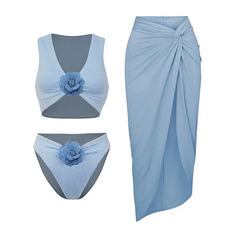 3D Flower V Neck Bikini Swimsuit and Sarong (Shipped on Jun 15th)