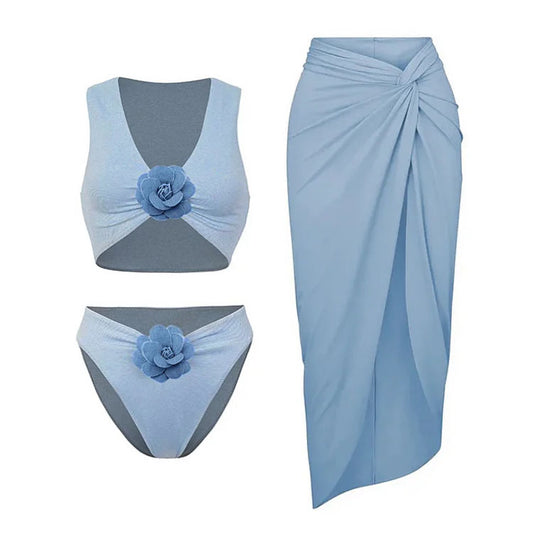 3D Flower V Neck Bikini Swimsuit and Sarong (Shipped on Jun 15th)