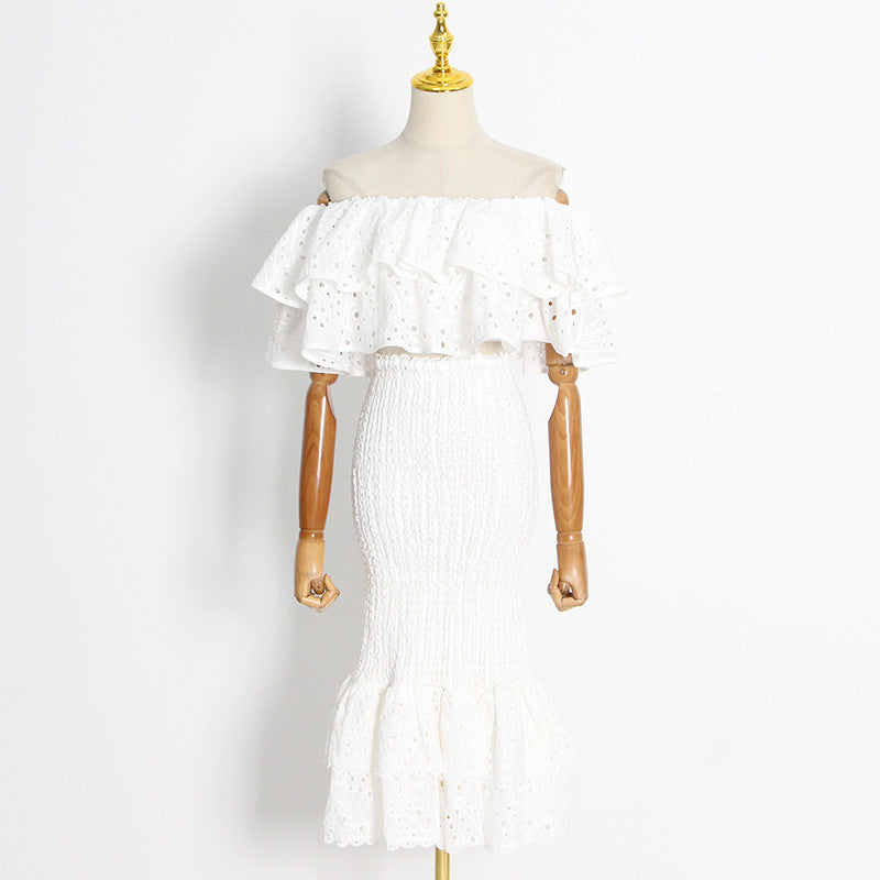 Double Ruffle Embroidery Hollow Out Two Piece Set