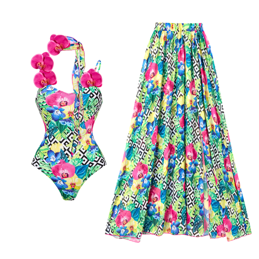 3D orchid Print Ribbon One Piece Swimsuit and Sarong