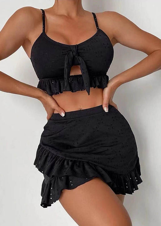 Seaside Sweetie Eyelet Embroidery Wrap Knot Front Ruffle Hem Swimsuit