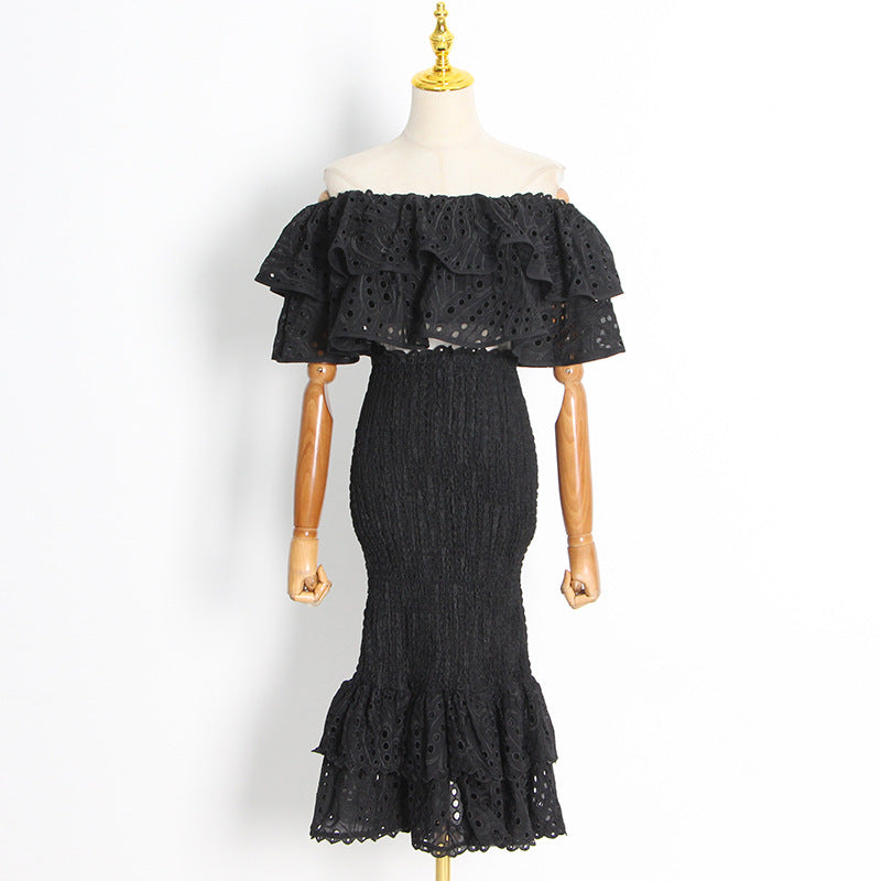 Double Ruffle Embroidery Hollow Out Two Piece Set