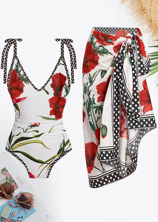 Floral&Polka Dot Print Contrast Binding Tie Swimsuit