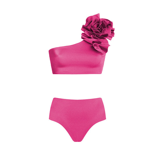 Vioye 3D Flower One Shoulder High Waist Rose Red Bikini Swimsuit